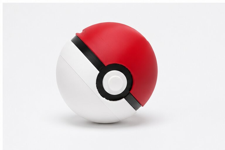 Angled top-down view of the Pokéball container showing the seam and button detail
