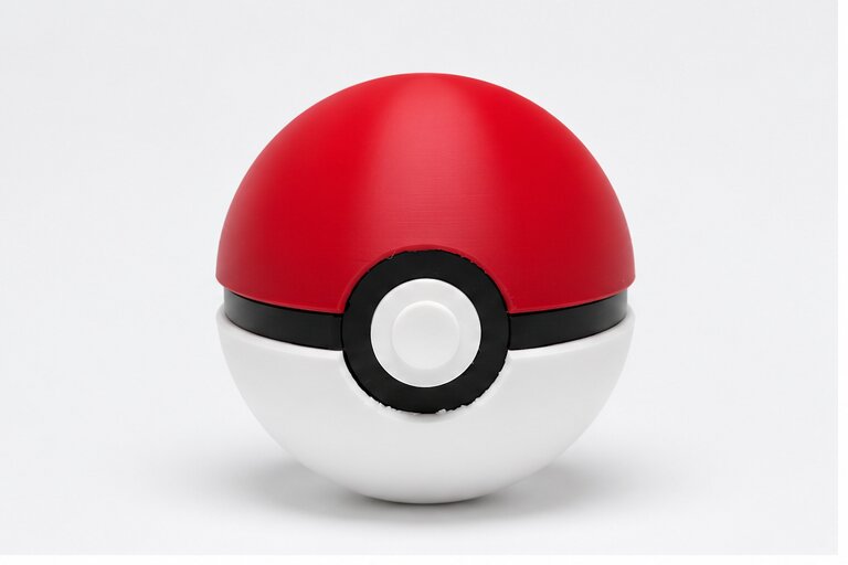 Front view of a closed red and white 3D printed Pokéball container