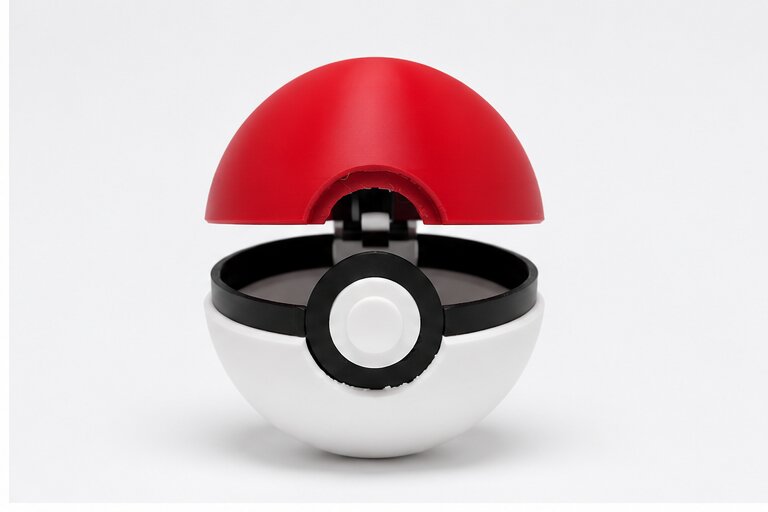 Pokéball container with its hinged red lid open, showing the hollow interior
